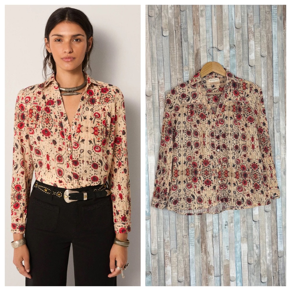 Maison Hotel XS Amrit Blouse Floral 100% Cotton Dobby Top Button Down Shirt Boho